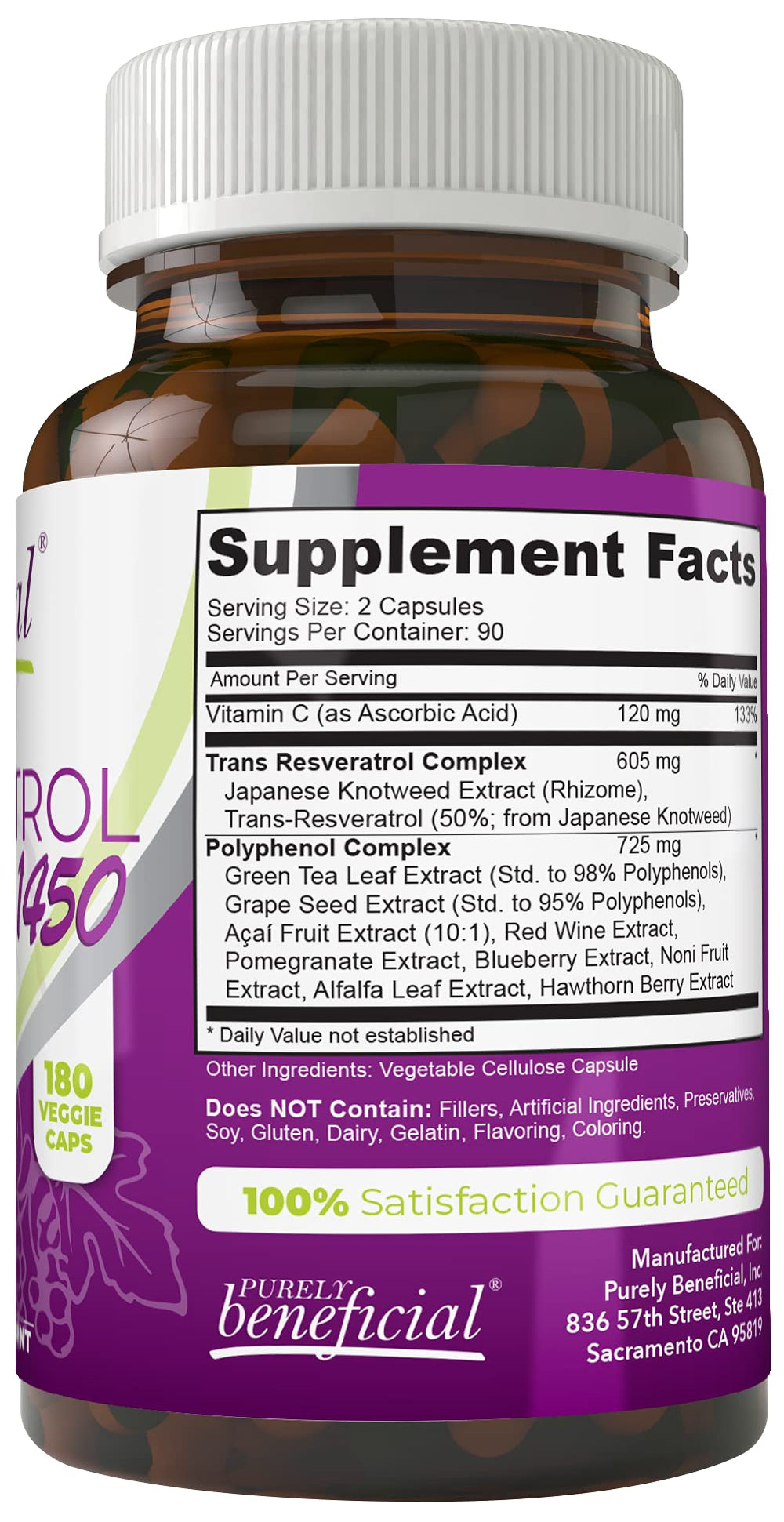 PURELY beneficial RESVERATROL1450 ingredients list shows natural antioxidant blend for wellness