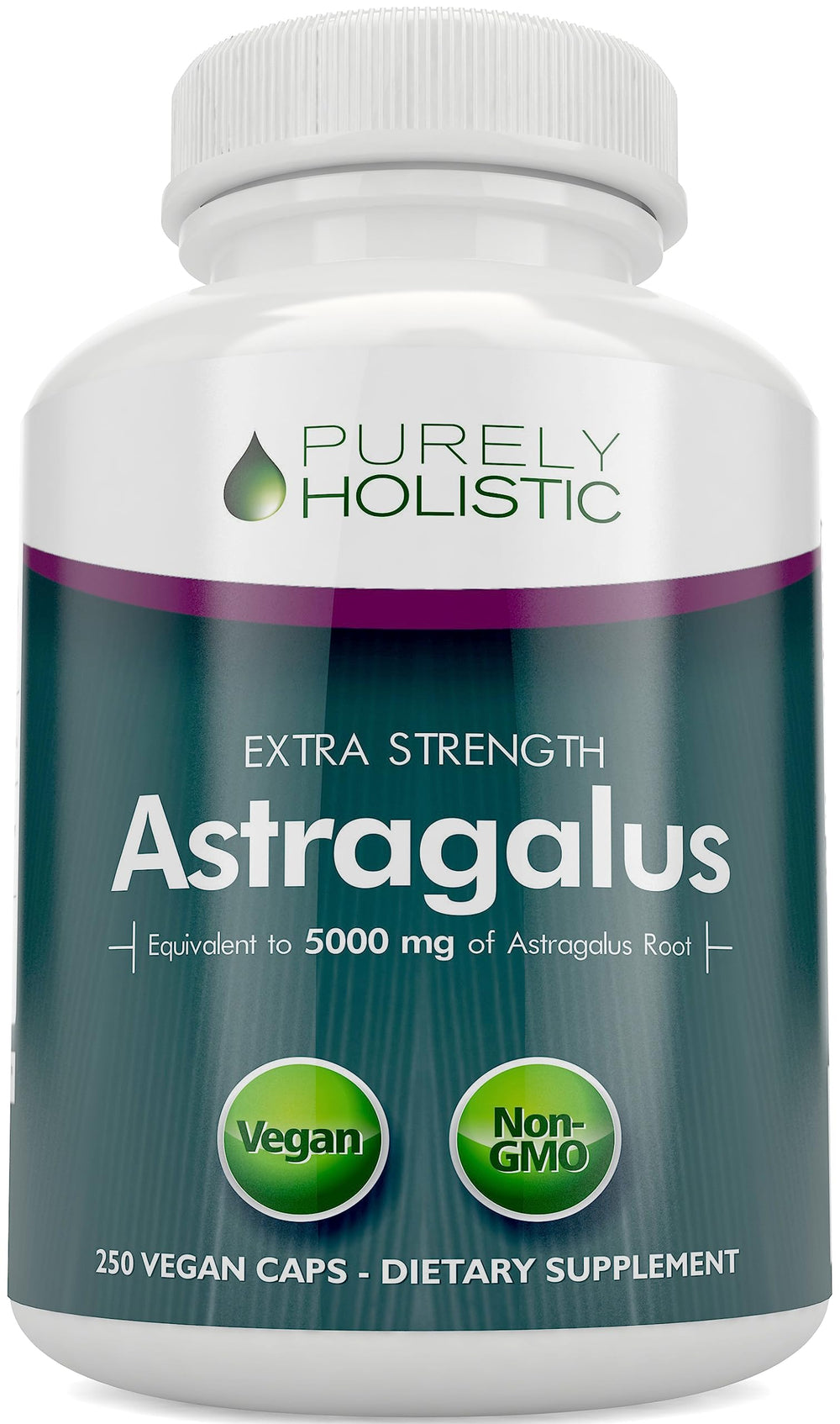 Purely Holistic Astragalus bottle front shows 250 servings for long-term support.