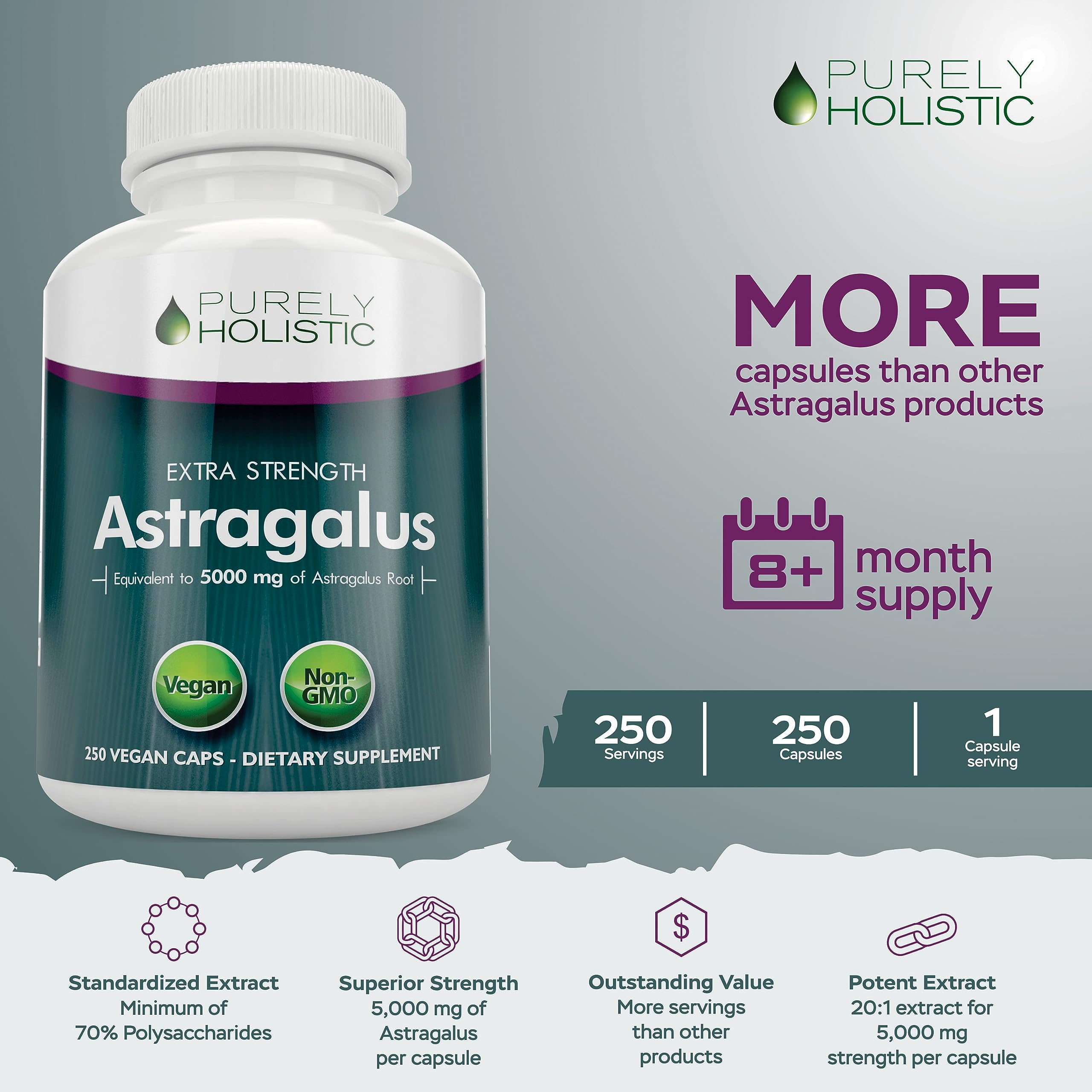 Purely Holistic Astragalus bottle label highlights 20:1 extract and vegan-friendly formula.