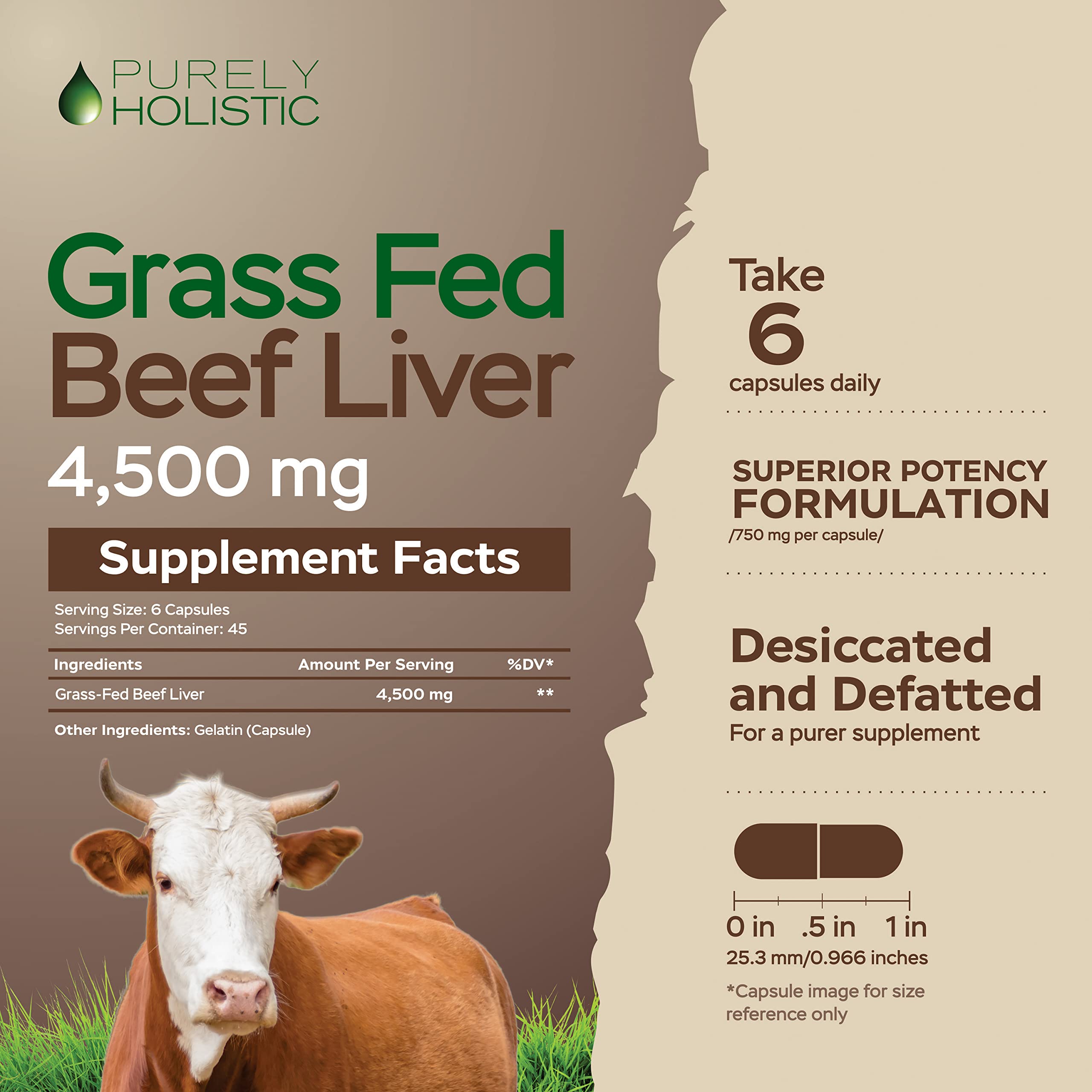 Purely Holistic beef liver capsules close up showing small easy to swallow form