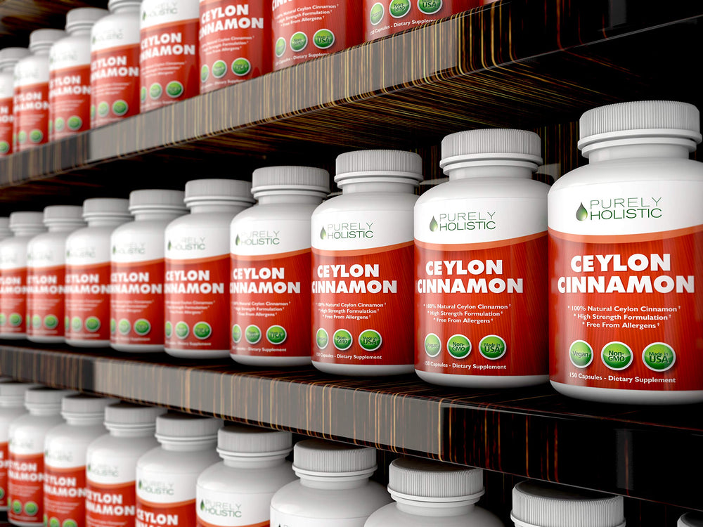 Ingredients panel of Purely Holistic Ceylon Cinnamon Capsules showing GMO-free formula