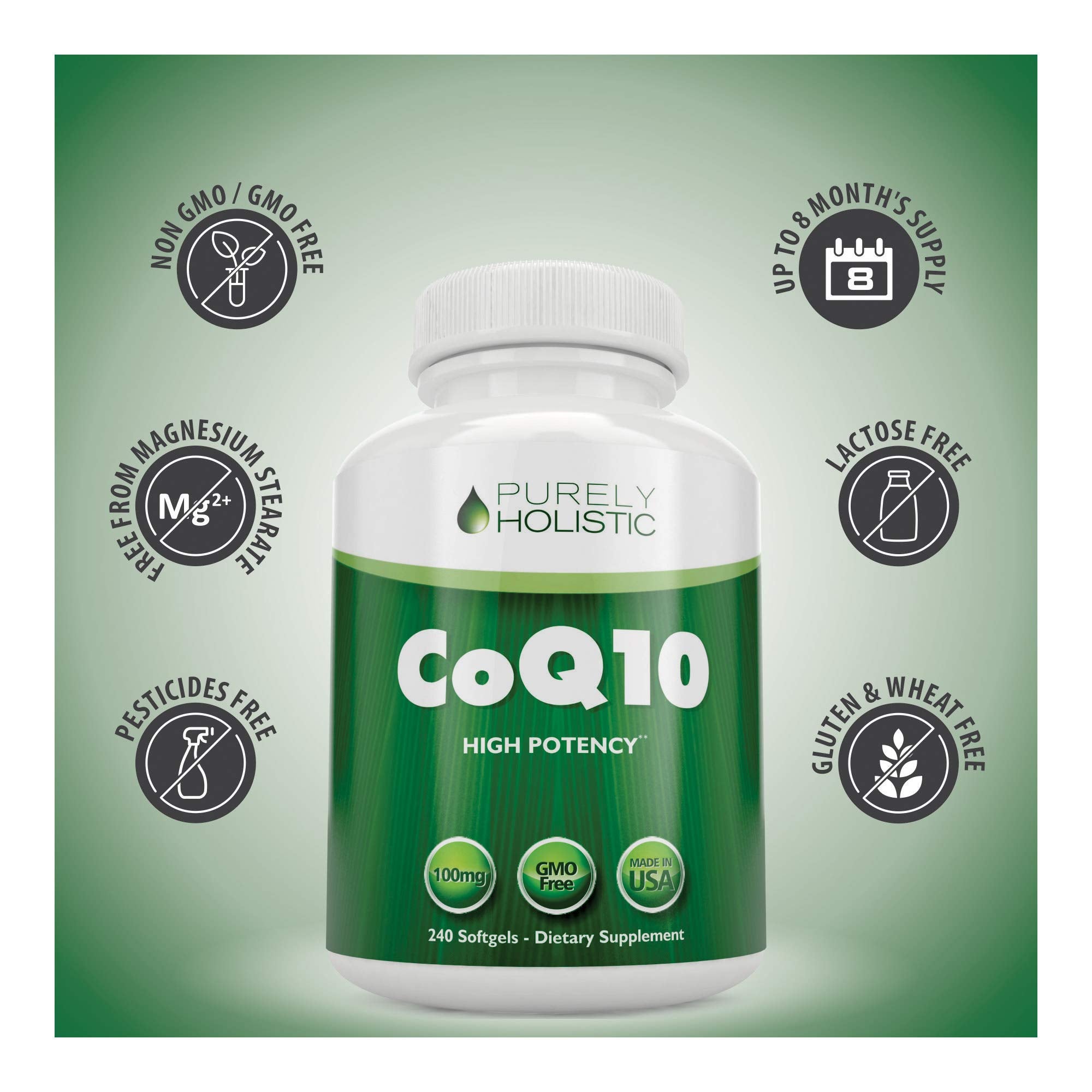 Purely Holistic CoQ10 label detail shows 100 mg potency.