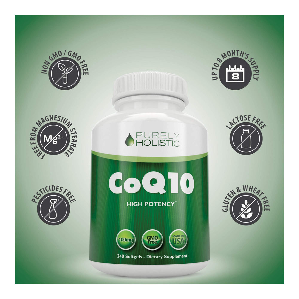Purely Holistic CoQ10 label detail shows 100 mg potency.
