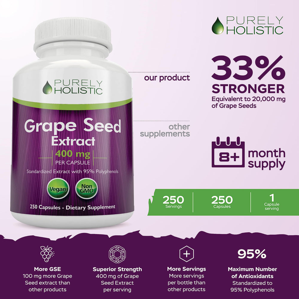 Purely Holistic Grape Seed Extract bottle label showing 400 mg per capsule
