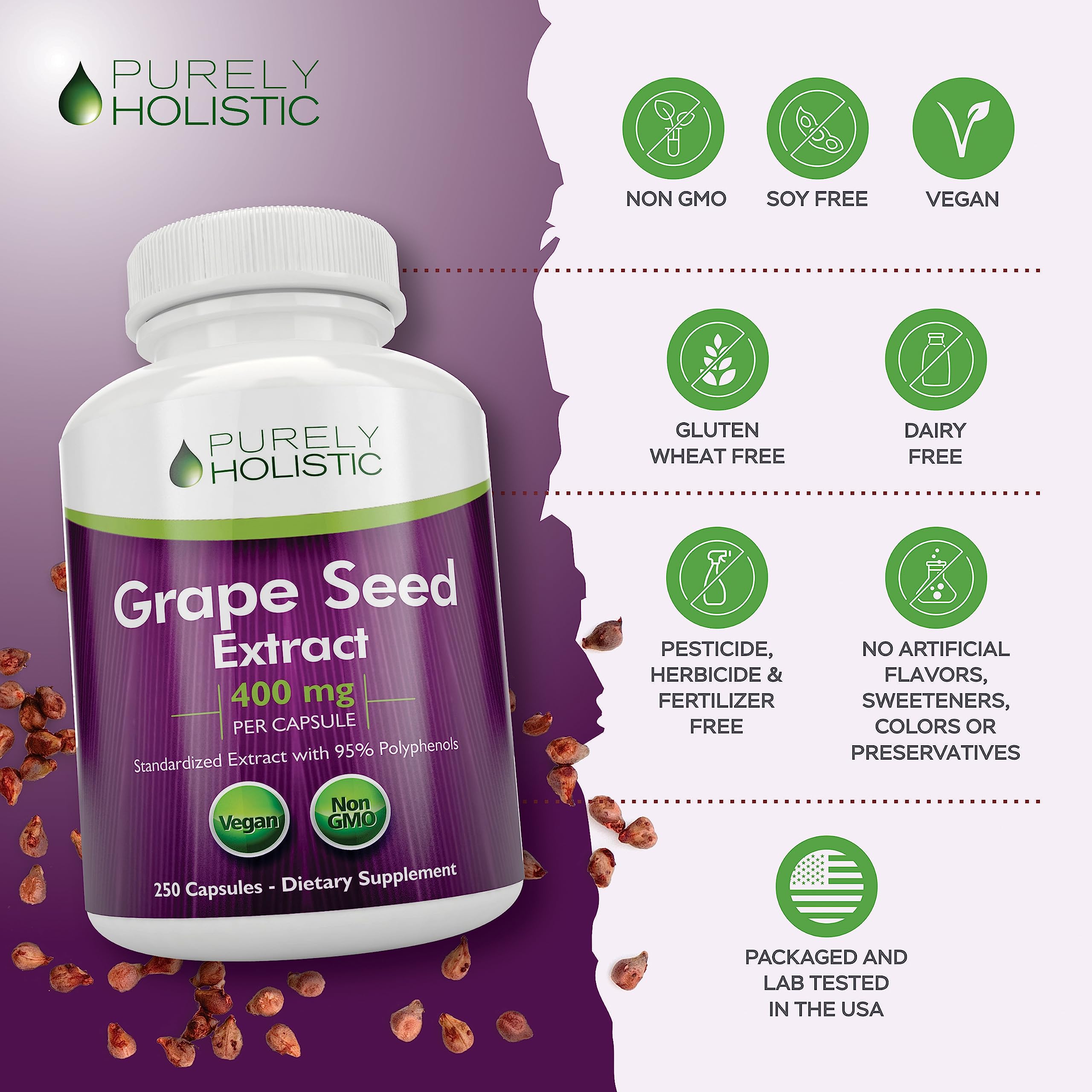 Purely Holistic Grape Seed Extract seal confirms non-GMO and pesticide-free ingredients