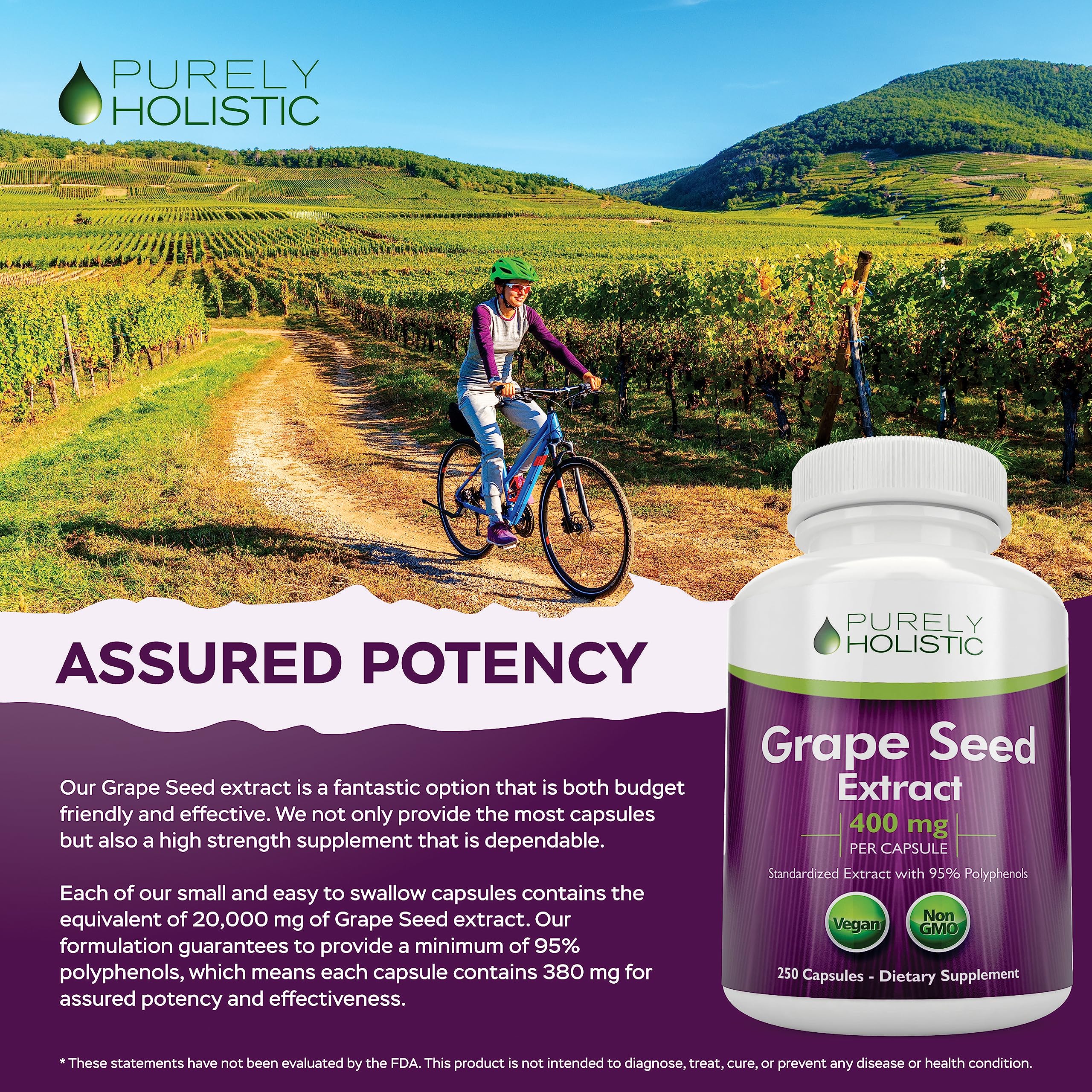 Purely Holistic Grape Seed Extract with 95 percent polyphenols for a rich antioxidant profile
