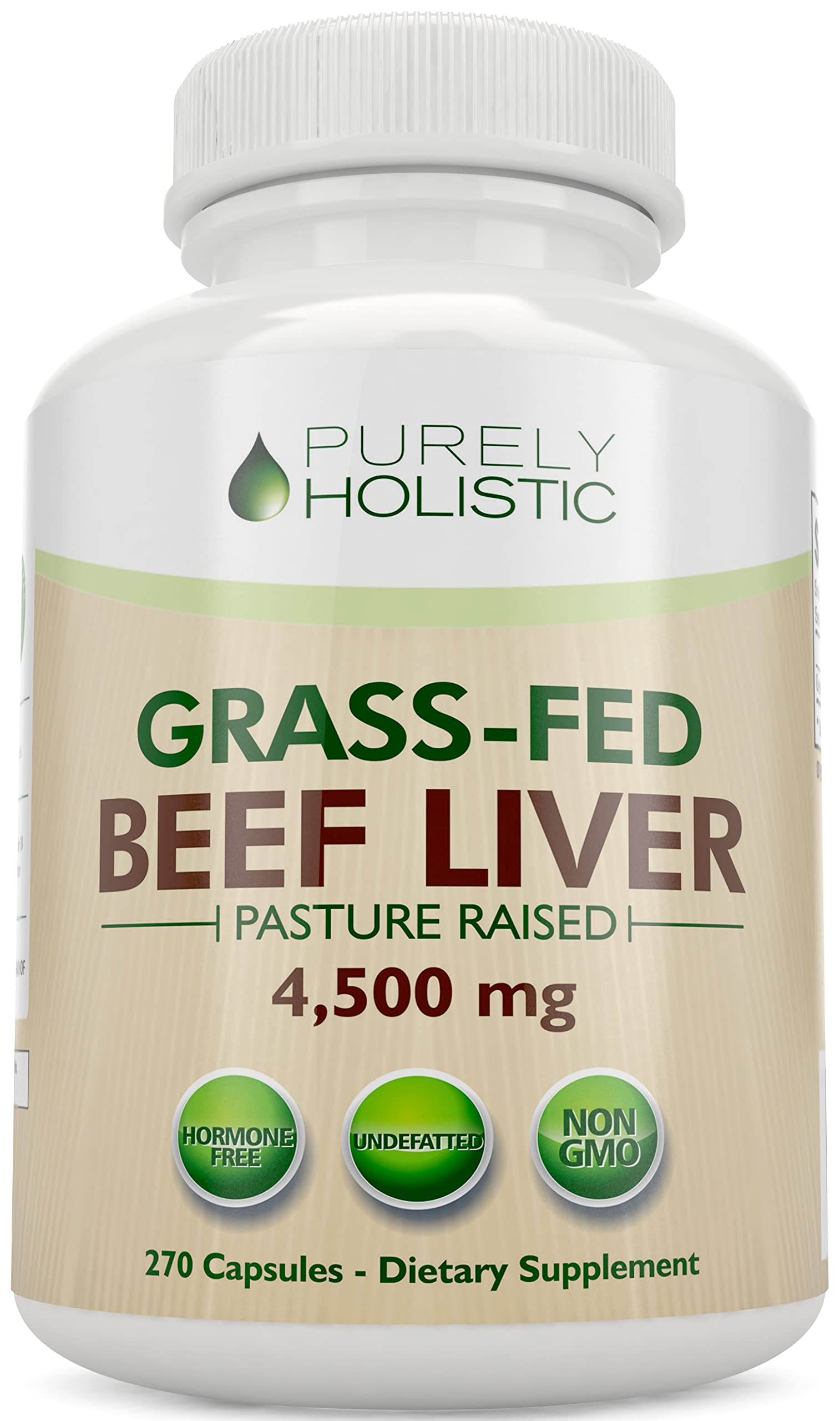 Purely Holistic grass-fed beef liver capsules bottle for convenient daily nutrition