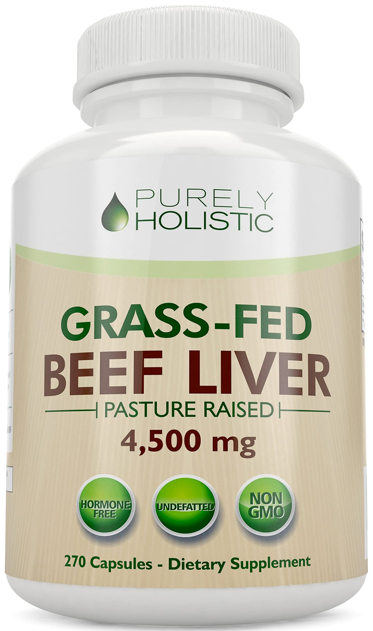 Purely Holistic grass-fed beef liver capsules bottle for convenient daily nutrition