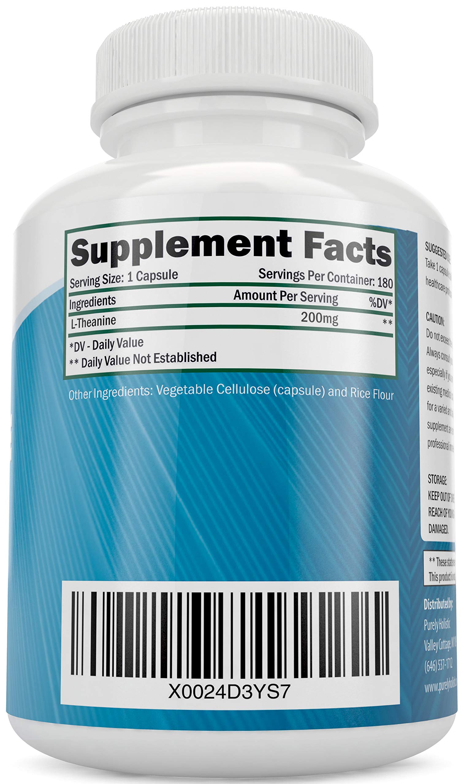 Purely Holistic L-Theanine 200mg bottle showing USA-made production and quality