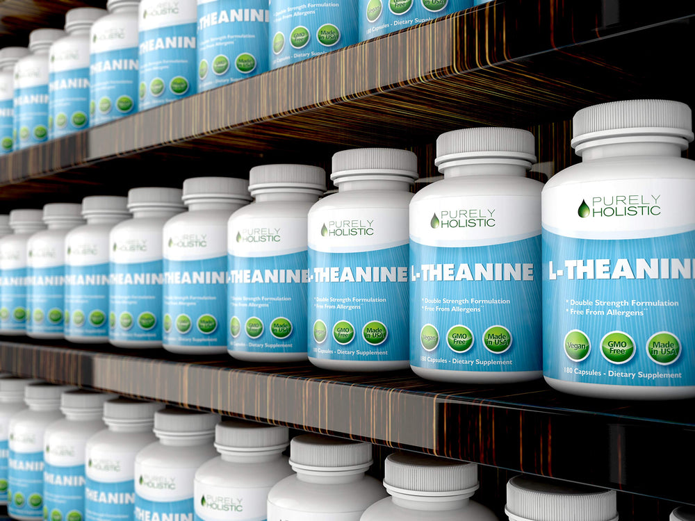 Purely Holistic L-Theanine box emphasizing gluten-free and allergen-free features
