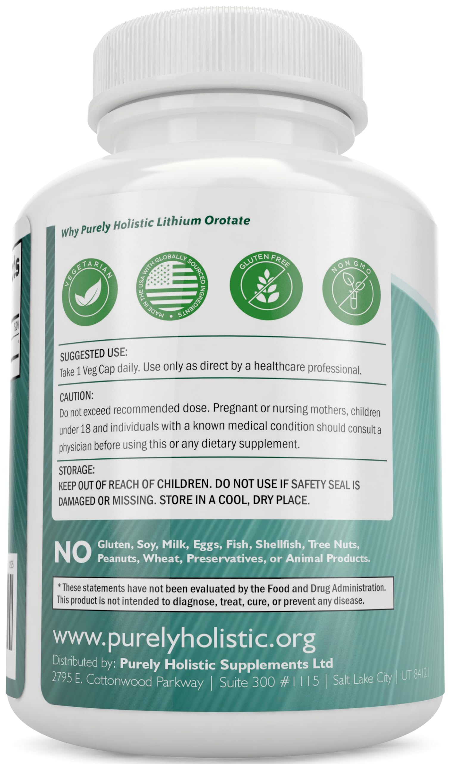 Purely Holistic Lithium Orotate 5mg allergen-free packaging for clean nutrition.