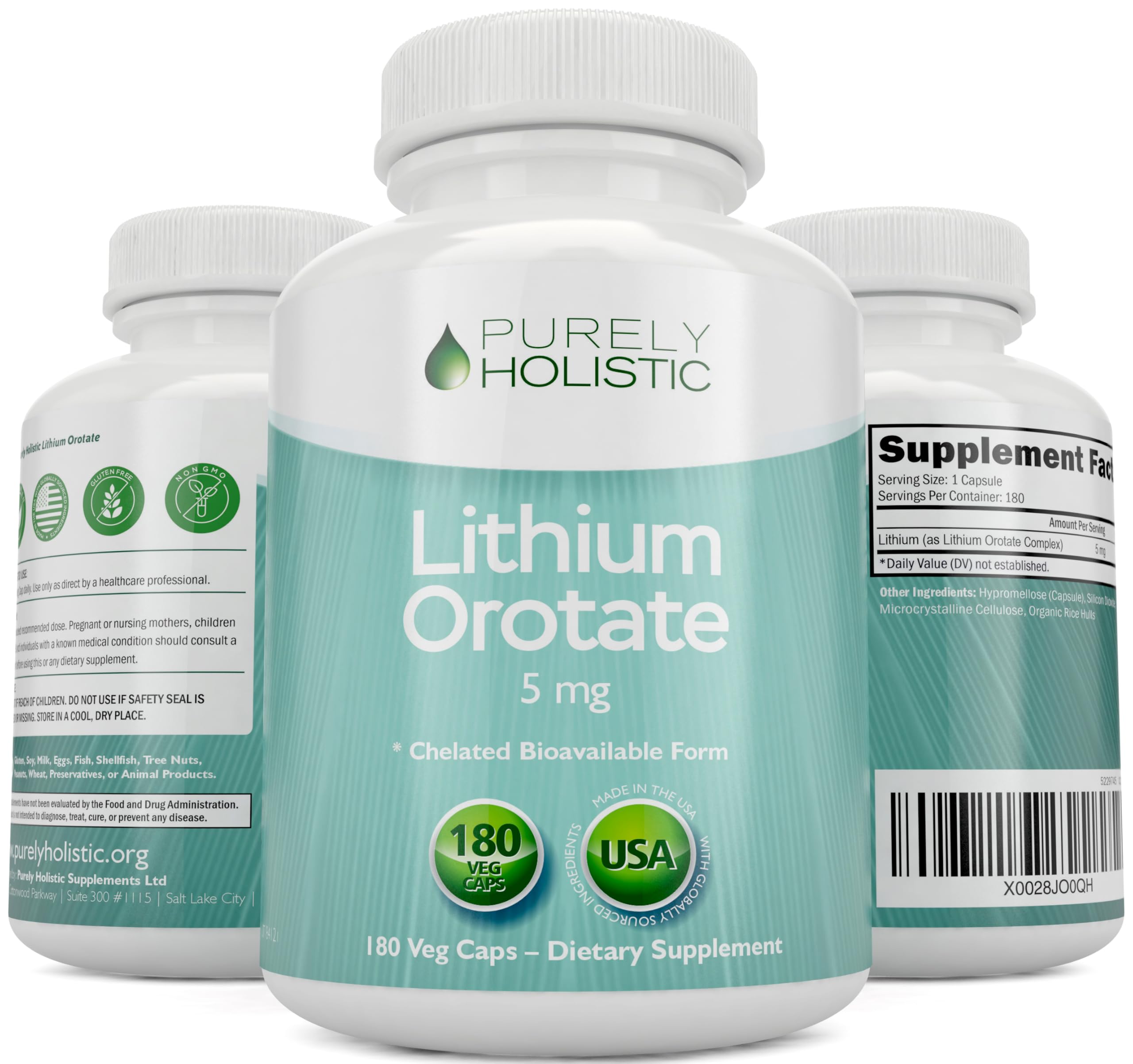 Purely Holistic Lithium Orotate 5mg organic rice extract base noted on label.
