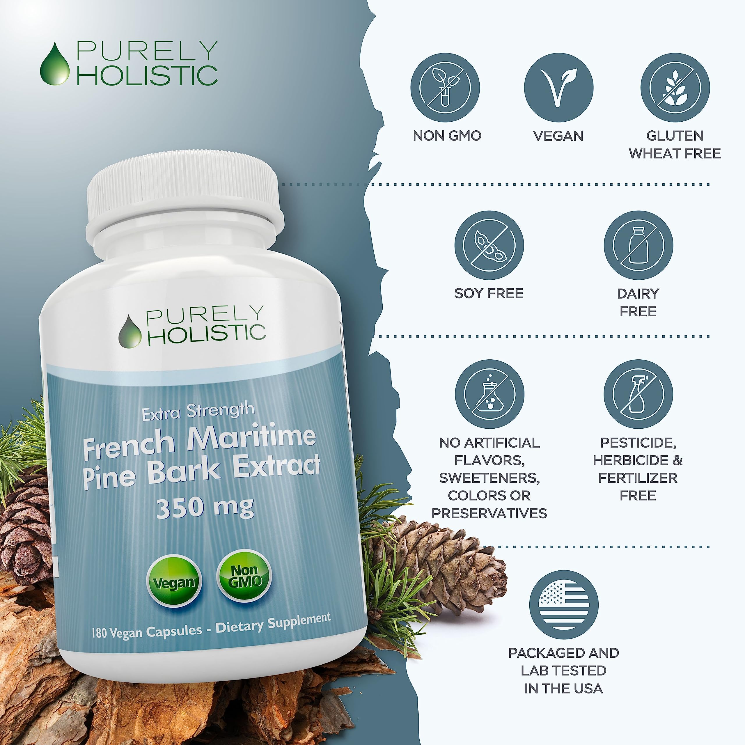 Purely Holistic Pine Bark Extract bottle communicates six months of supply