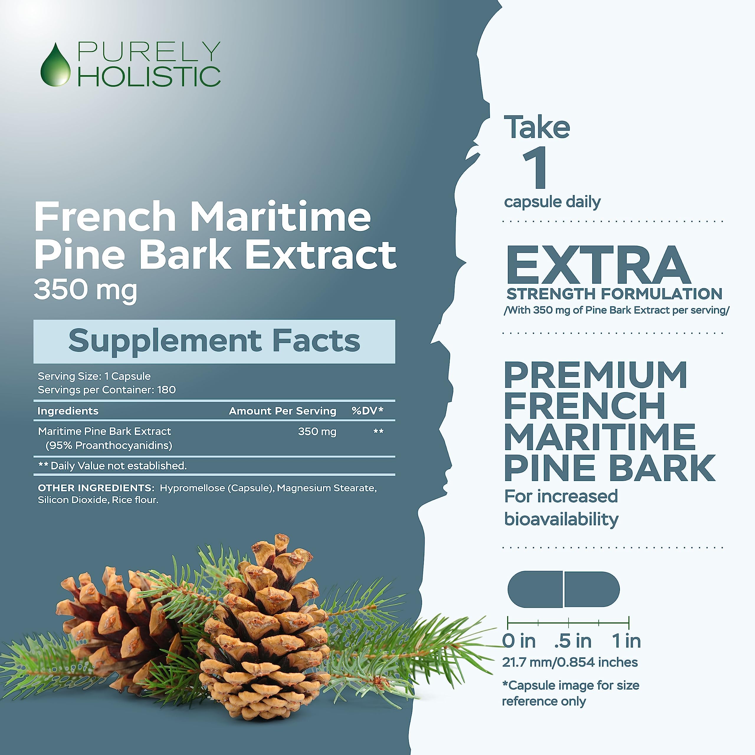 Purely Holistic Pine Bark Extract label highlights 95 percent proanthocyanidins