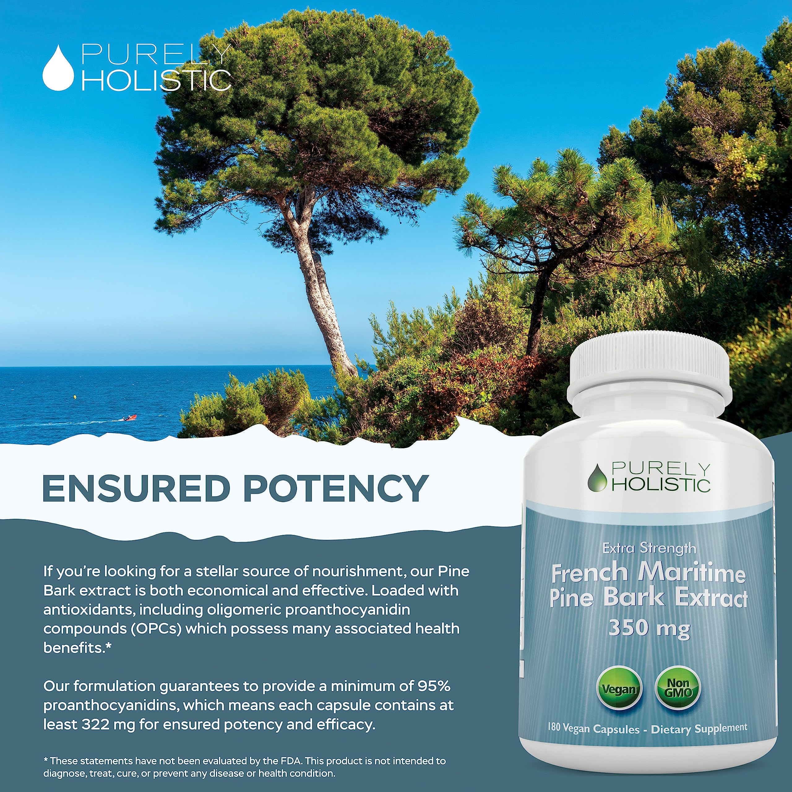 Purely Holistic Pine Bark Extract packaging box with source details