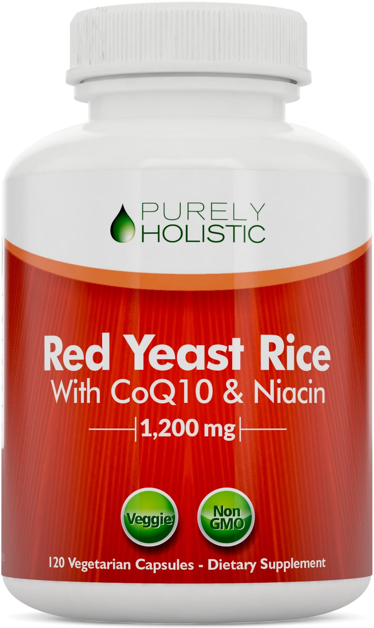 Purely Holistic Red Yeast Rice 1200mg bottle for easy daily heart-support capsules.