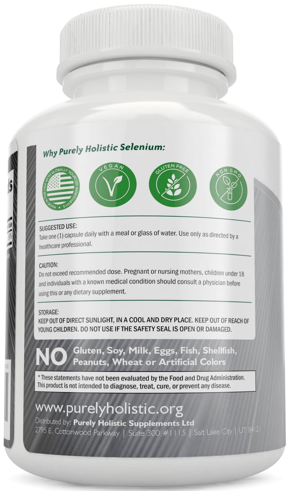 Purely Holistic Selenium 200mcg capsules closeup highlights vegan, easy-to-swallow capsules.