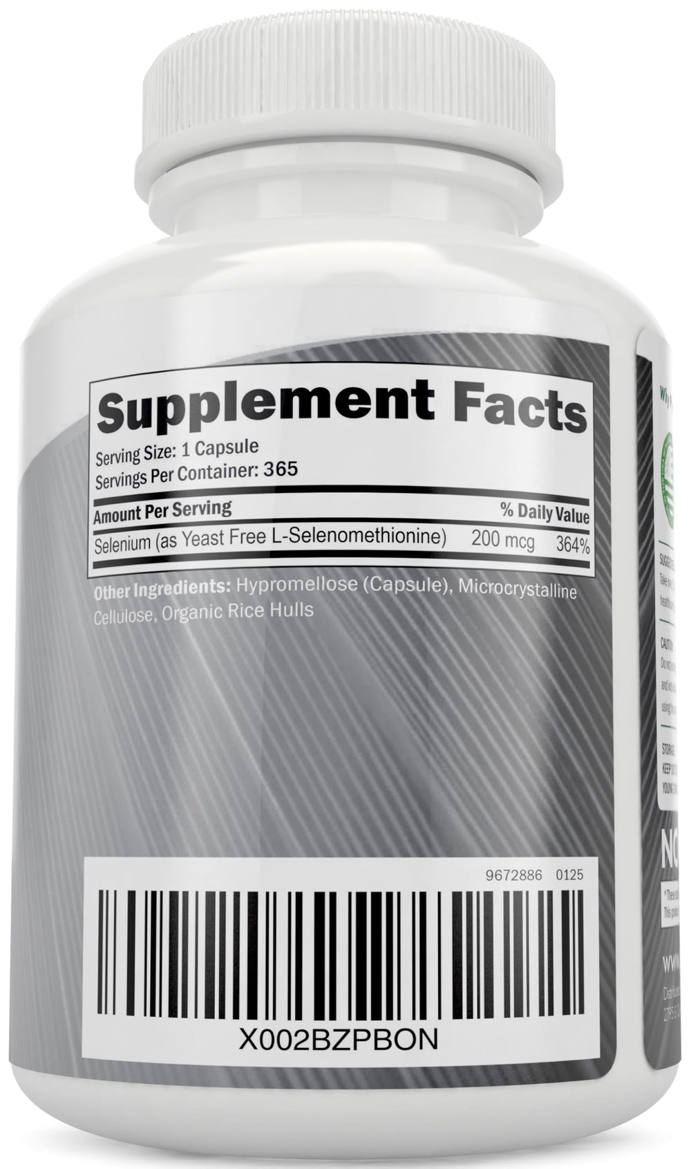 Purely Holistic Selenium 200mcg label detail emphasizes L-selenomethionine form and purity.
