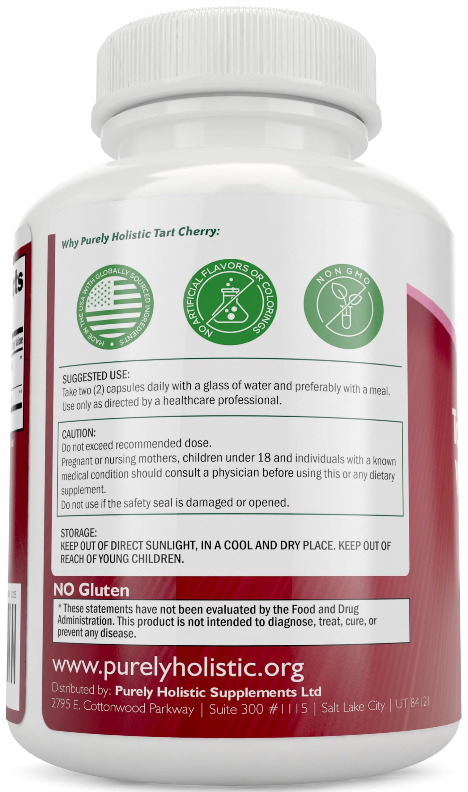 Purely Holistic Tart Cherry Extract label close-up with ingredients.