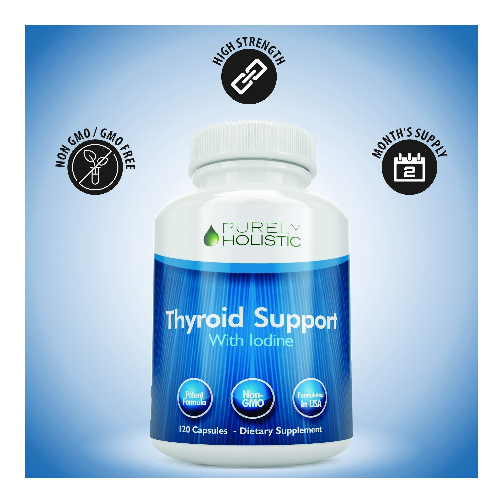 Purely Holistic Thyroid Support bottle back showing directions and ingredients.