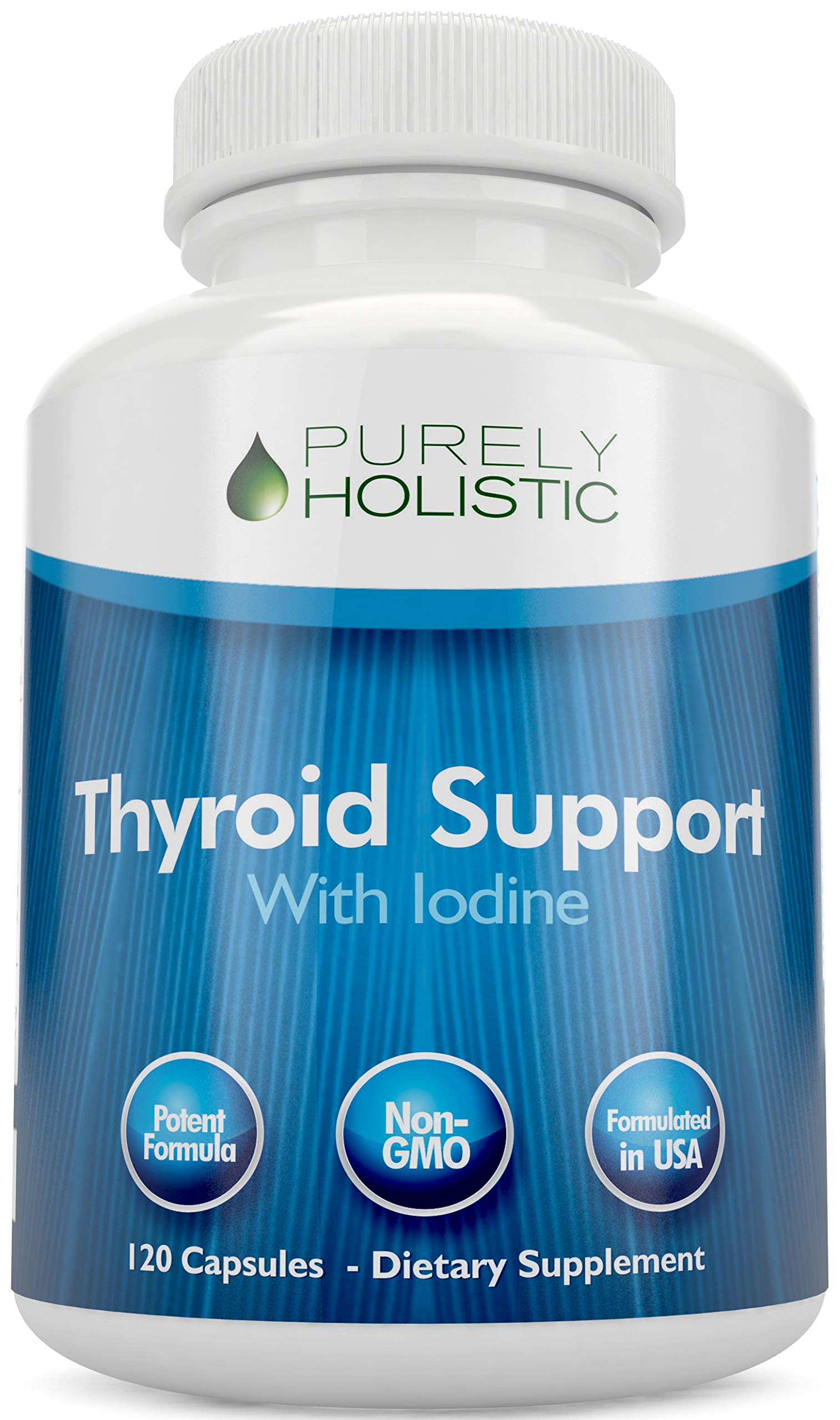 Purely Holistic Thyroid Support bottle front for daily wellness with 120 capsules.