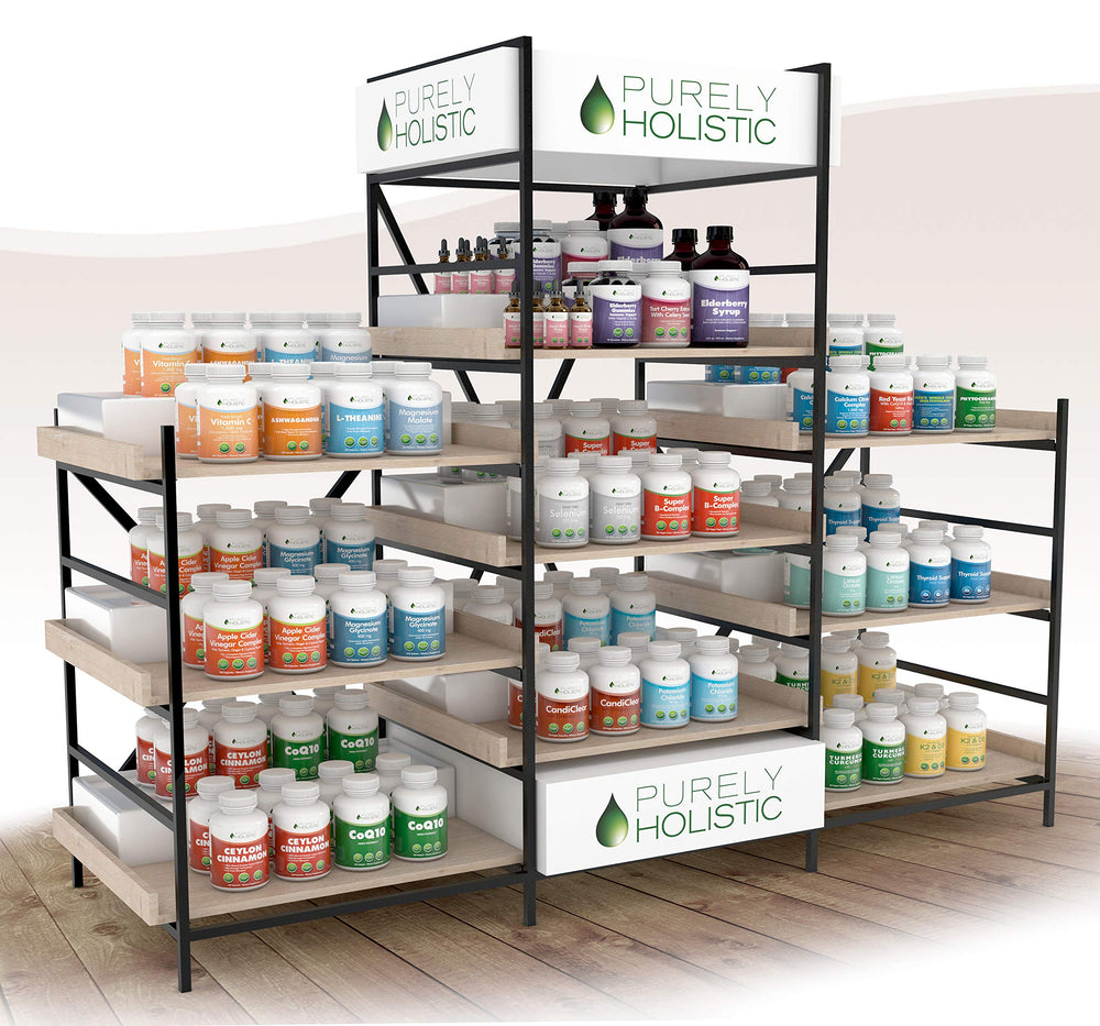 Purely Holistic Thyroid Support shows L-Tyrosine and B12 ingredients for balance.