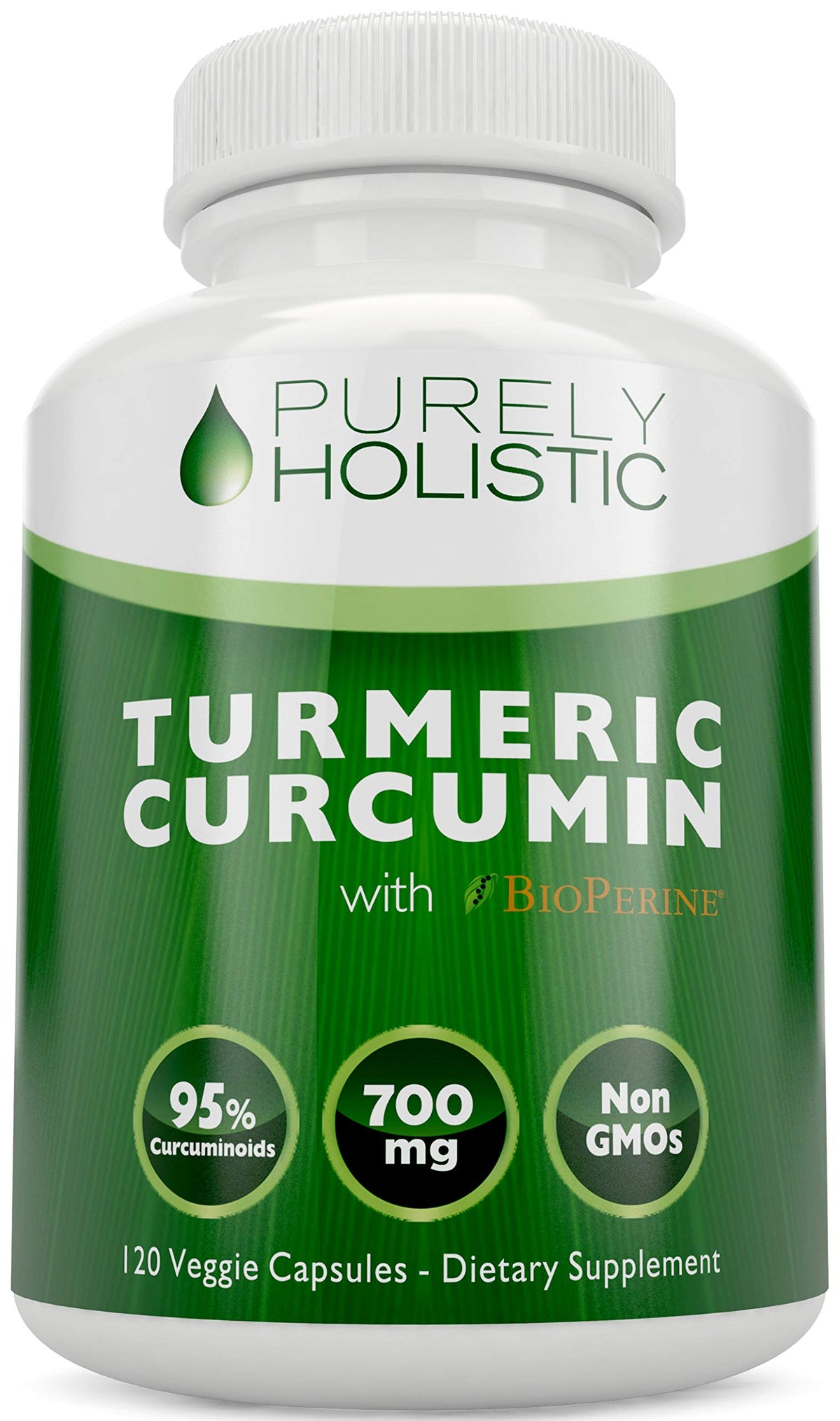 Purely Holistic Turmeric Curcumin bottle front, vegan capsules for daily wellness.