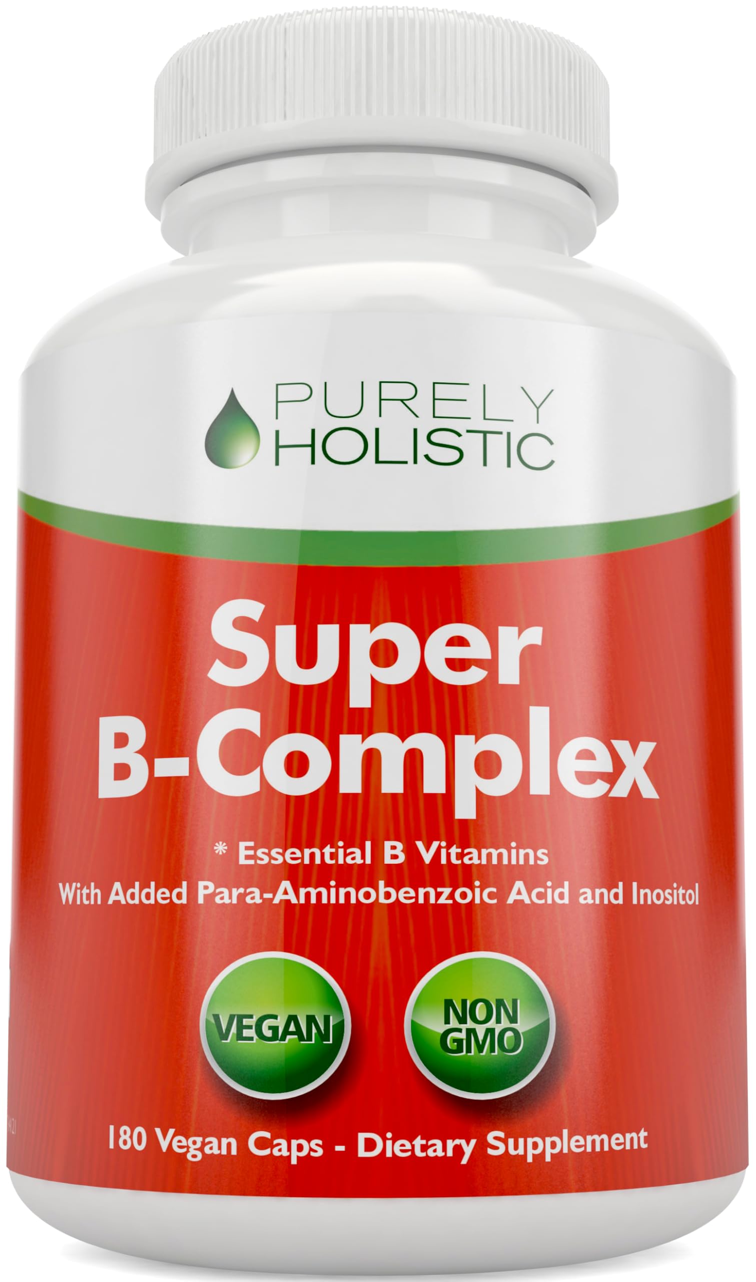 Purely Holistic Vitamin B Complex bottle front highlights full-spectrum blend for daily energy balance.