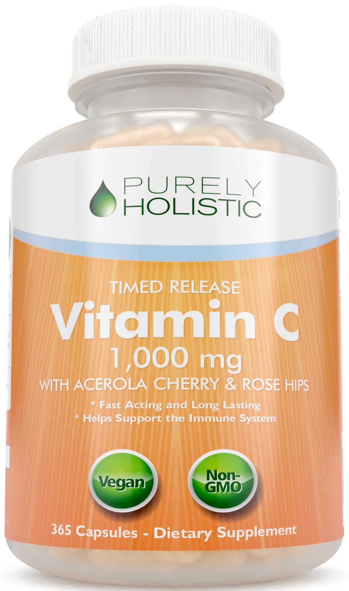 Purely Holistic Vitamin C bottle and capsules for daily immune support.