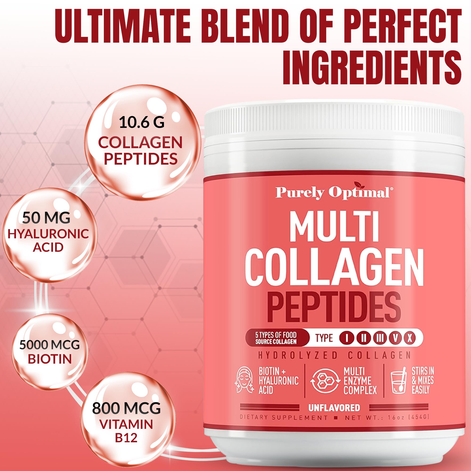 Purely Optimal bottle highlights biotin and hyaluronic acid for hair