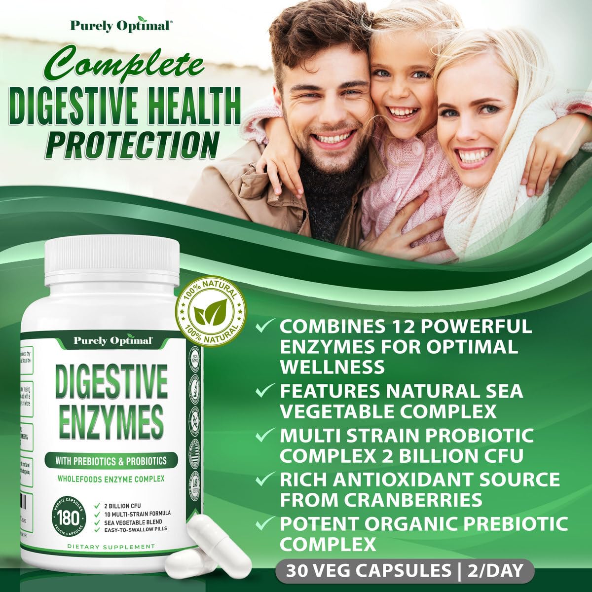 Purely Optimal Digestive Enzymes capsules closeup highlights probiotic components for gut support