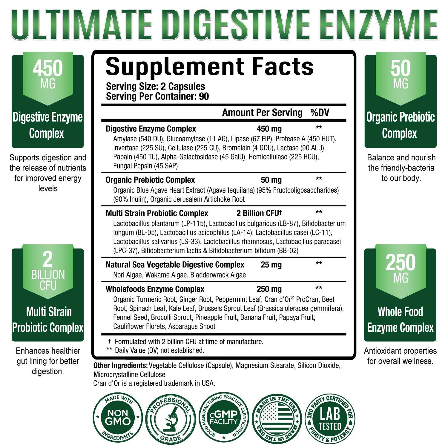 Purely Optimal Digestive Enzymes label details highlight ingredients and probiotic blend
