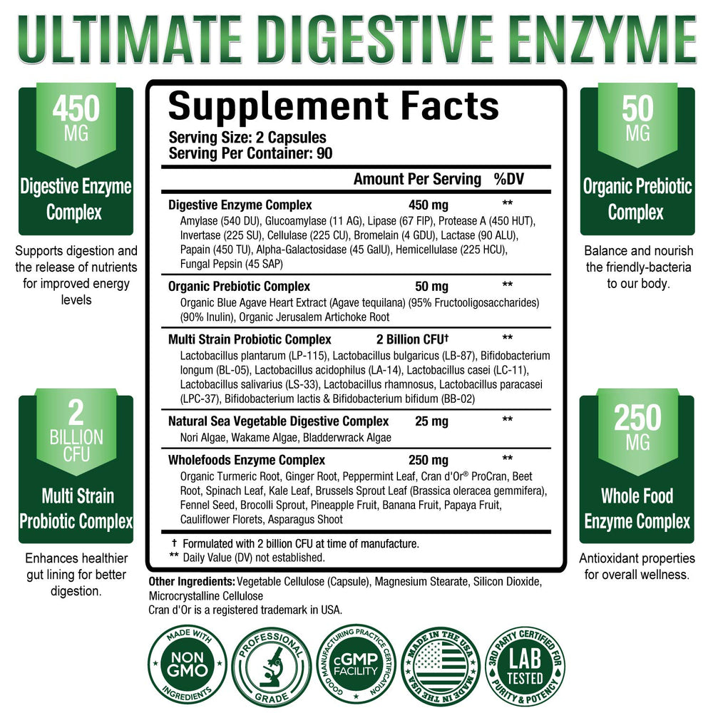 Purely Optimal Digestive Enzymes label details highlight ingredients and probiotic blend