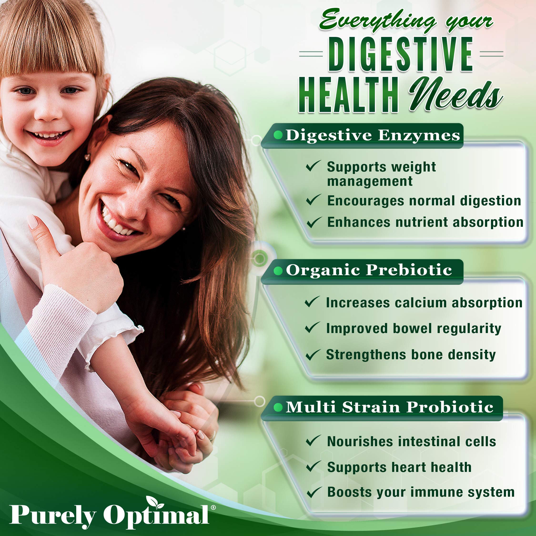 Purely Optimal Digestive Enzymes label-info picture emphasizes natural botanicals and enzyme blend