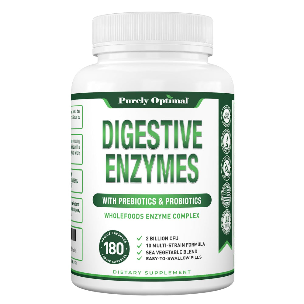 Purely Optimal Digestive Enzymes on kitchen counter suggests everyday digestion aid