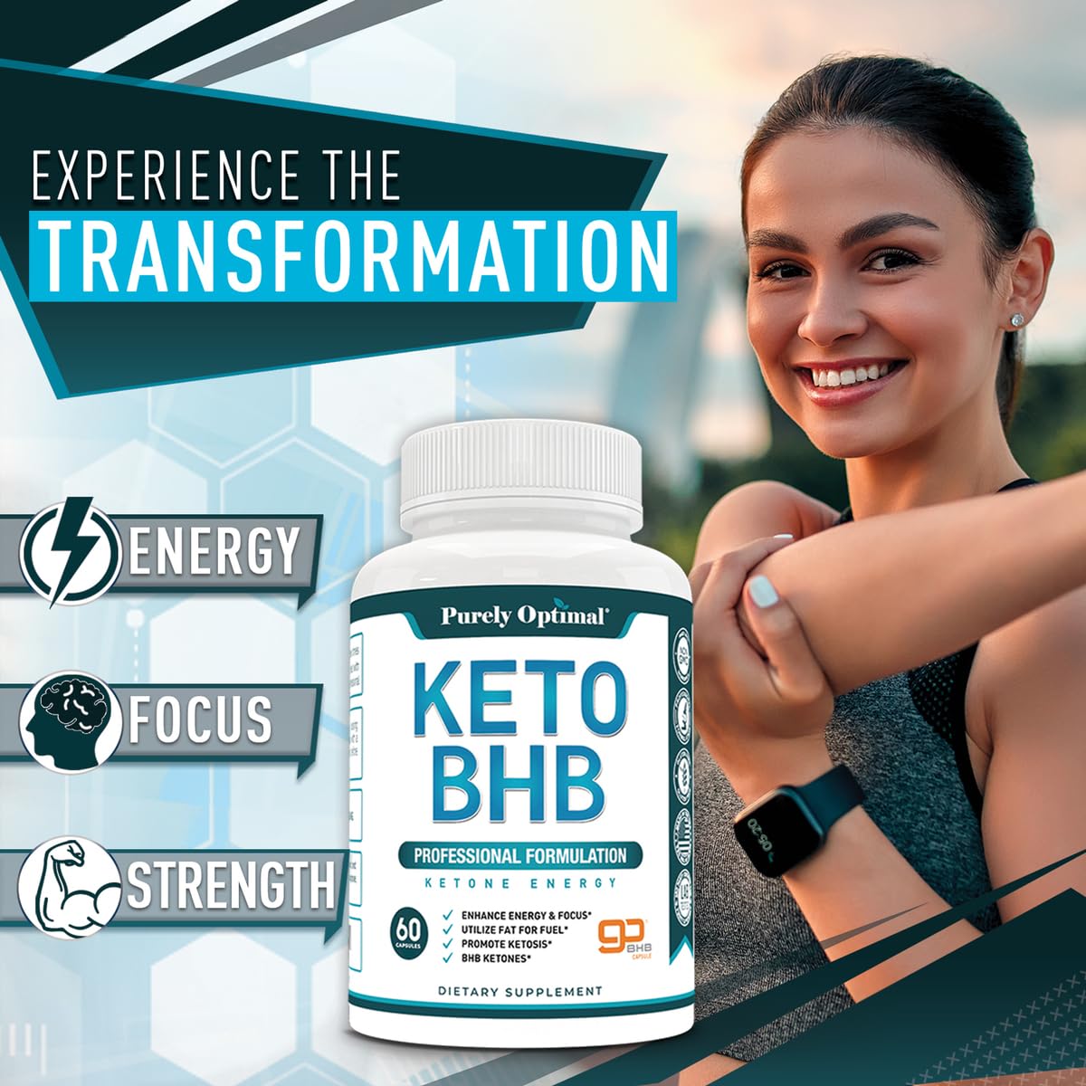 Purely Optimal Keto BHB capsules on a desk for focused energy