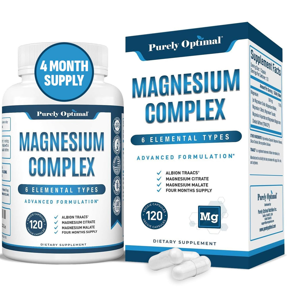 Purely Optimal Magnesium Complex bottle showcases the six-form blend for restful nights.
