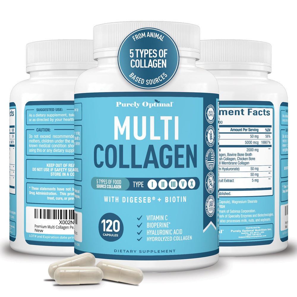Purely Optimal Premium Multi Collagen bottle supports skin, hair, nails, and joints.