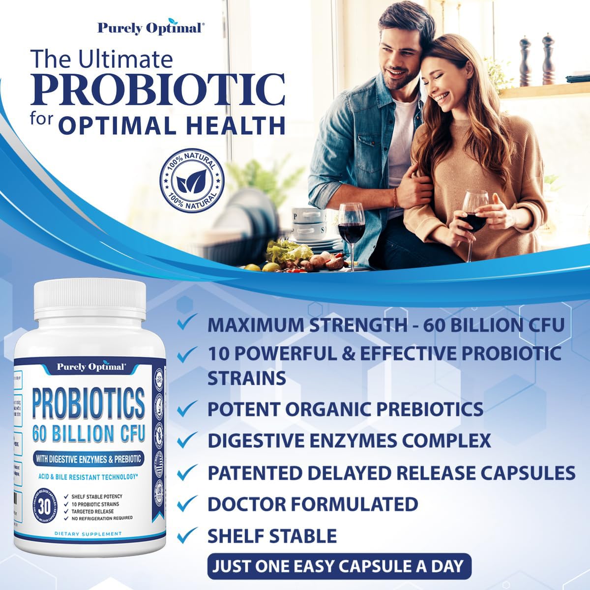 Shelf-stable Purely Optimal probiotic bottle suitable for travel