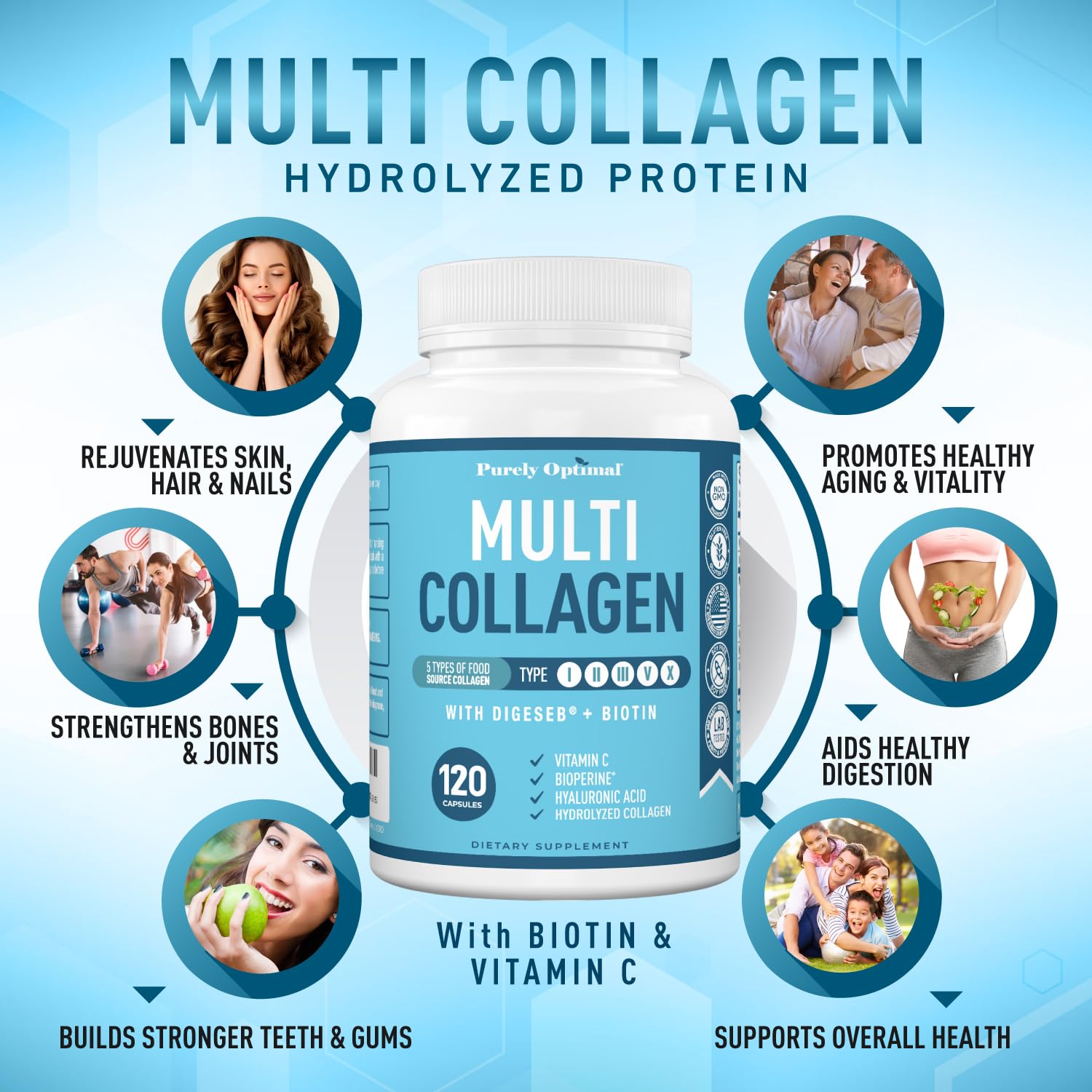 Purely Optimal collagen supports skin, hair, and nails health.