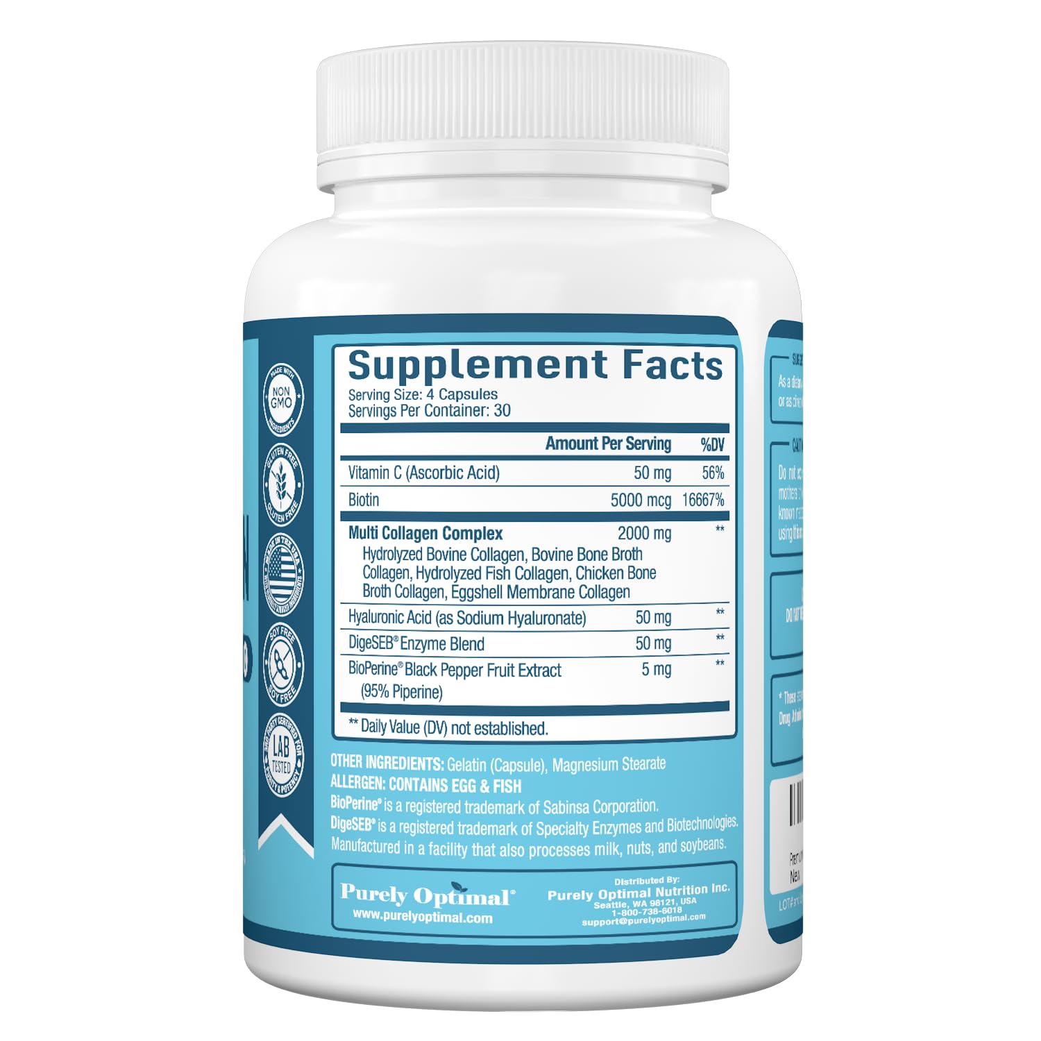 Purely Optimal collagen pills fortified with vitamin C for skin vitality.