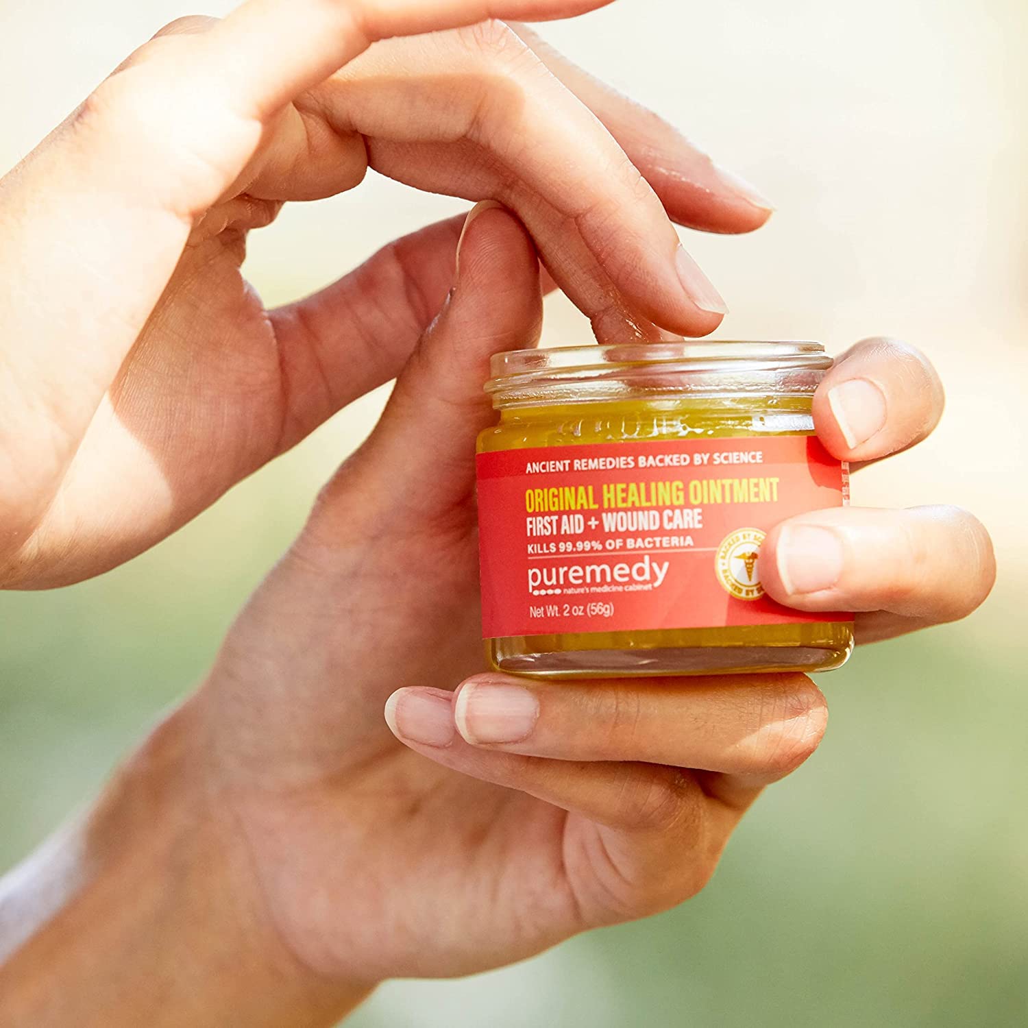Dispense method demonstrates easy application of Puremedy Ointment to skin.
