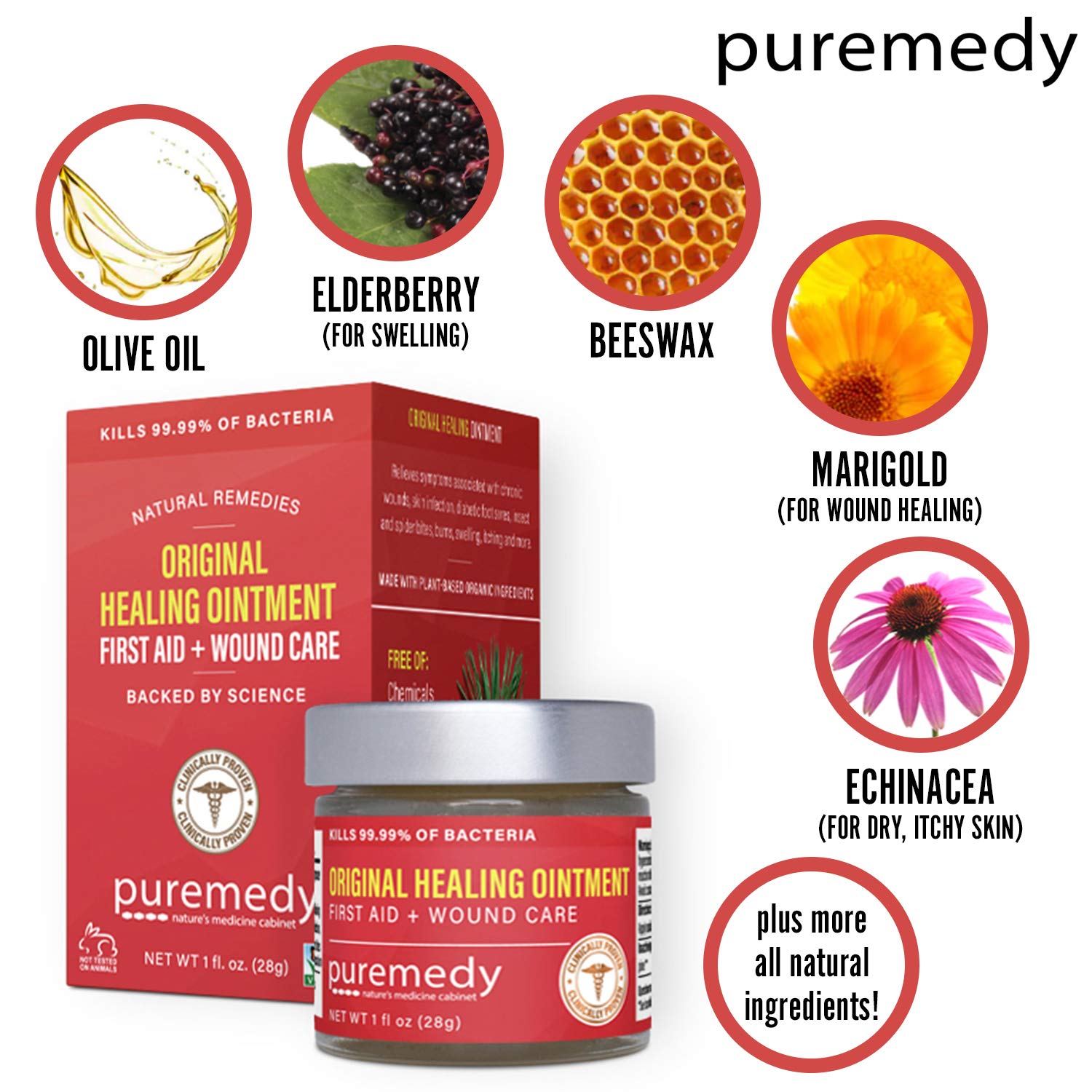 Close-up of ingredients panel on Puremedy Original Healing Ointment shows organic components.