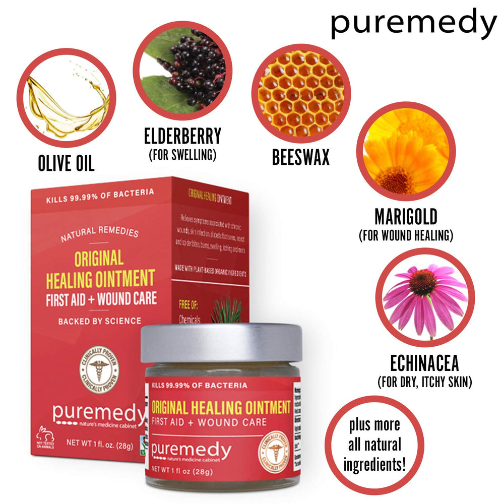 Close-up of ingredients panel on Puremedy Original Healing Ointment shows organic components.