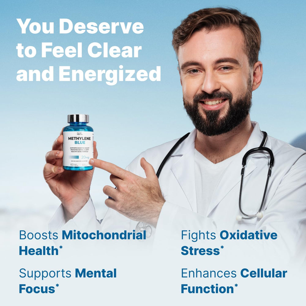 PureNutra Methylene Blue capsules close-up highlighting fast-absorbing formula.