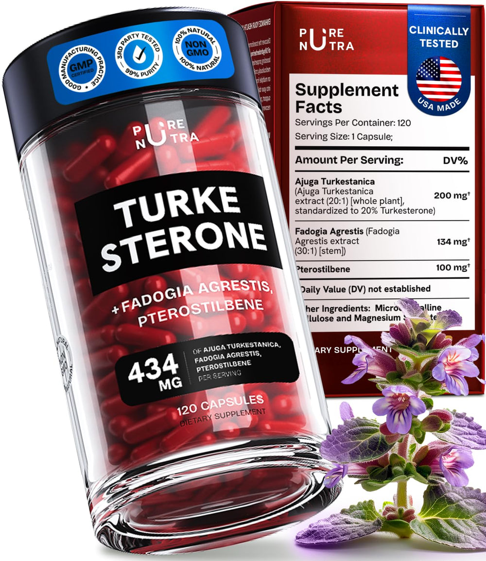 PureNutra Organic Turkesterone capsules bottle for enhanced workout stamina and recovery.