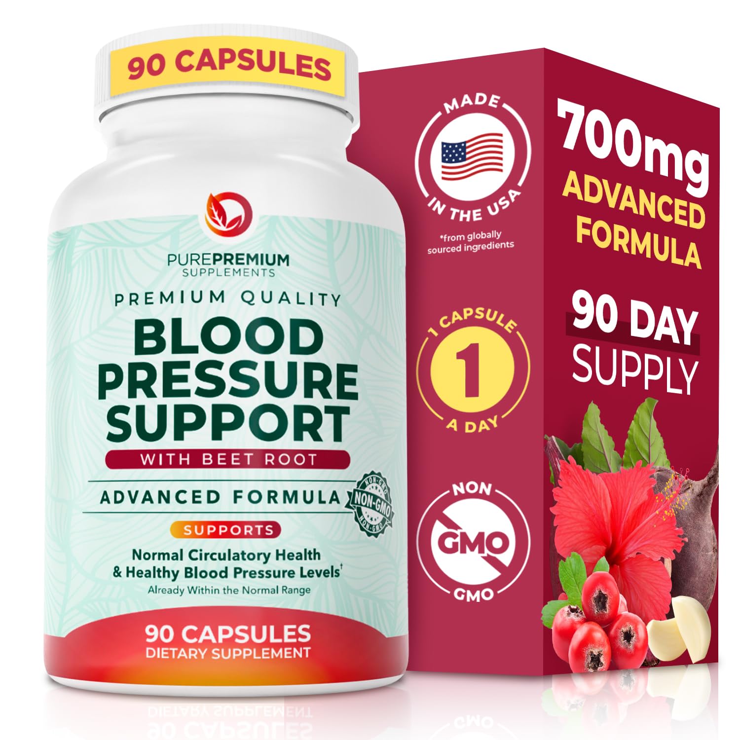 PurePremium Beet Root Capsules bottle showing 90-count for daily heart health support.