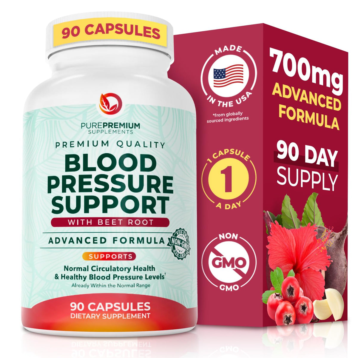 PurePremium Beet Root Capsules bottle showing 90-count for daily heart health support.