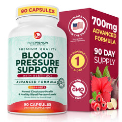 PurePremium Beet Root Capsules bottle showing 90-count for daily heart health support.