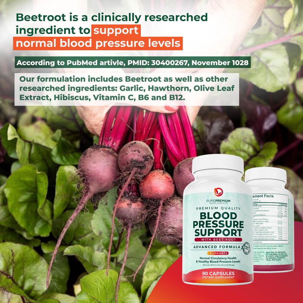 Hibiscus flowers beside PurePremium label indicating antioxidant and cardiovascular wellness.